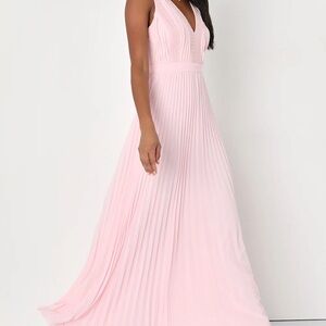 NWT Lulu’s Beautiful Allure Light Pink Pleated Crochet Lace Maxi Dress